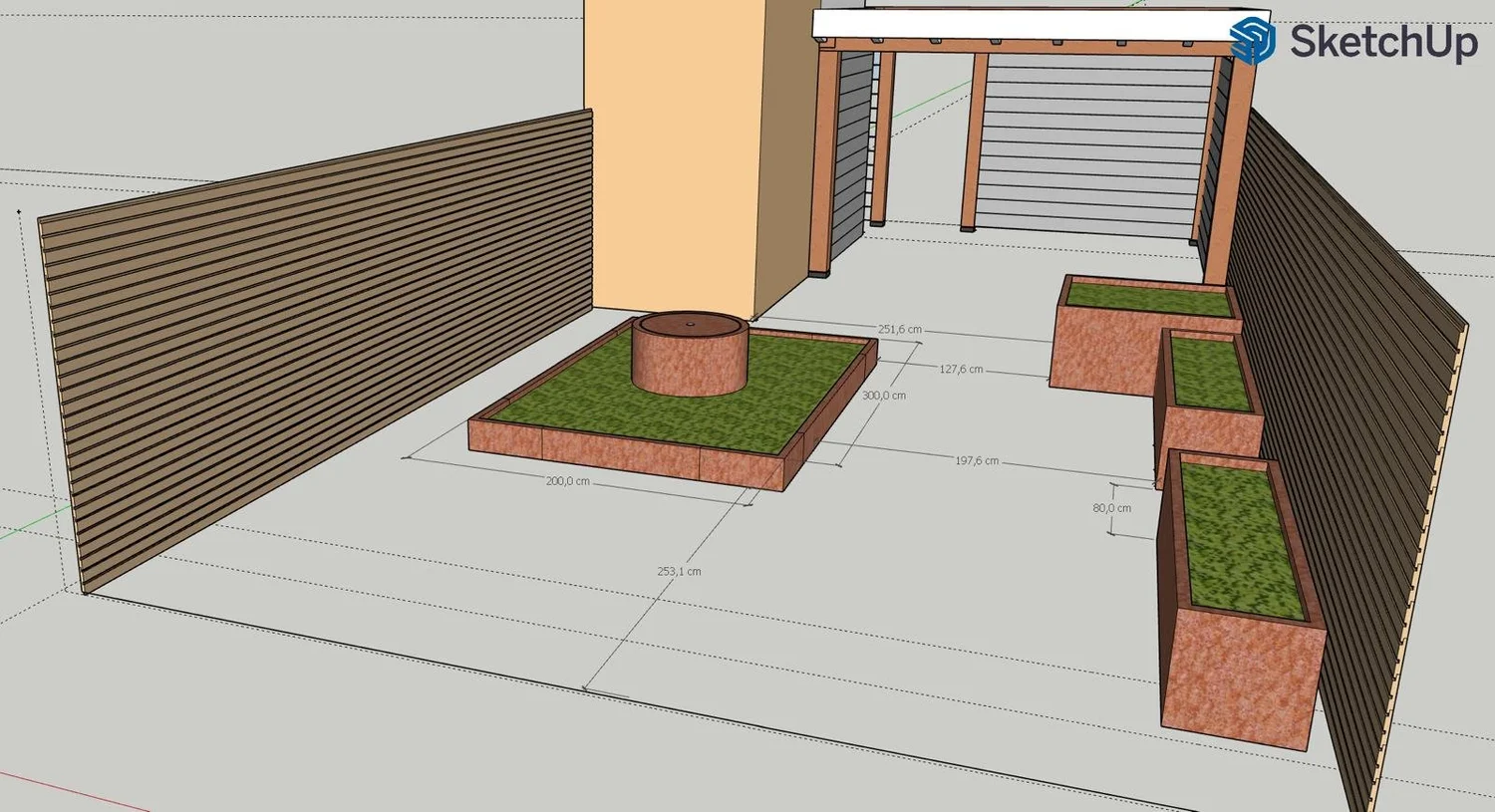 2D-tuinontwerp van De Groene Brug met terras, borders en overkapping