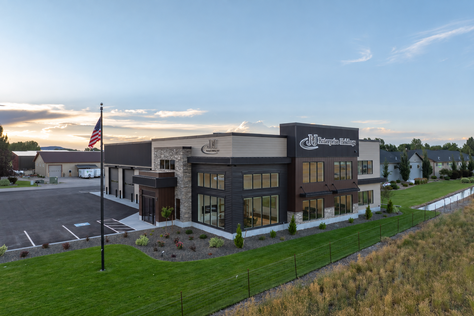 Drone view of the J&J Enterprise Holdings office exterior in Rigby, Idaho