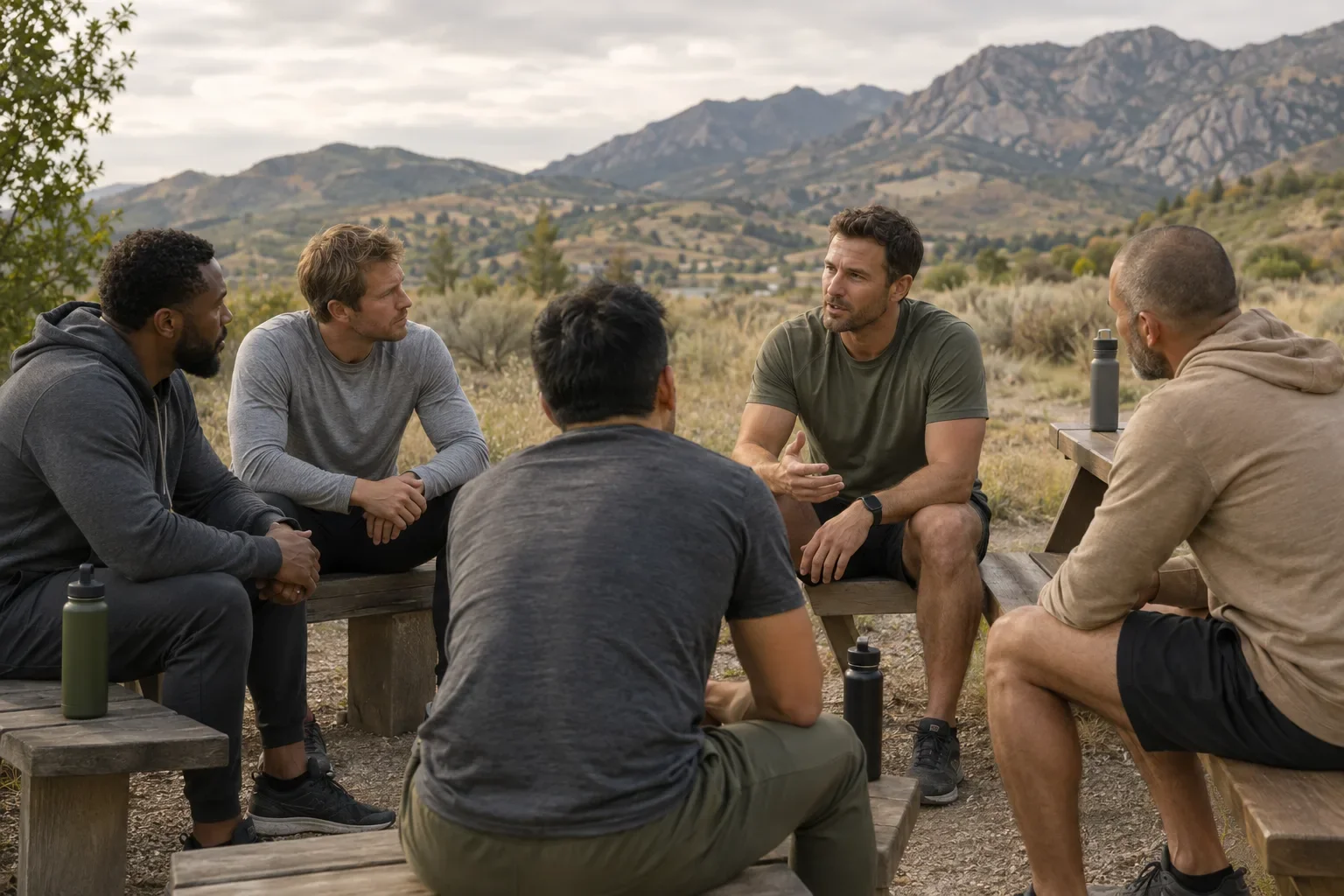 Illustrative image of adult men listening to one another in a post-workout circle