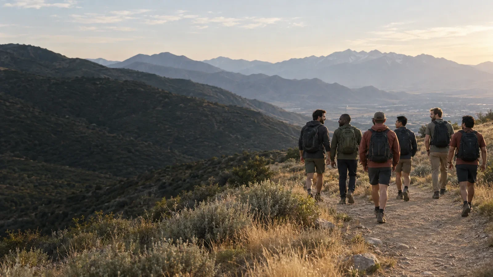 Illustrative image of adult men hiking together through mountain foothills
