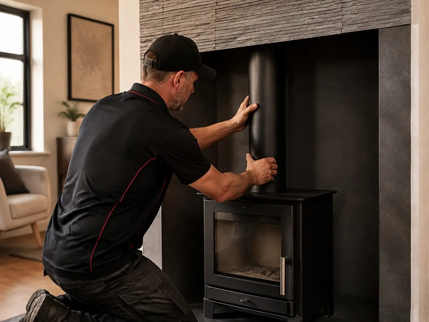CleanFlue NI technician installing a stove flue