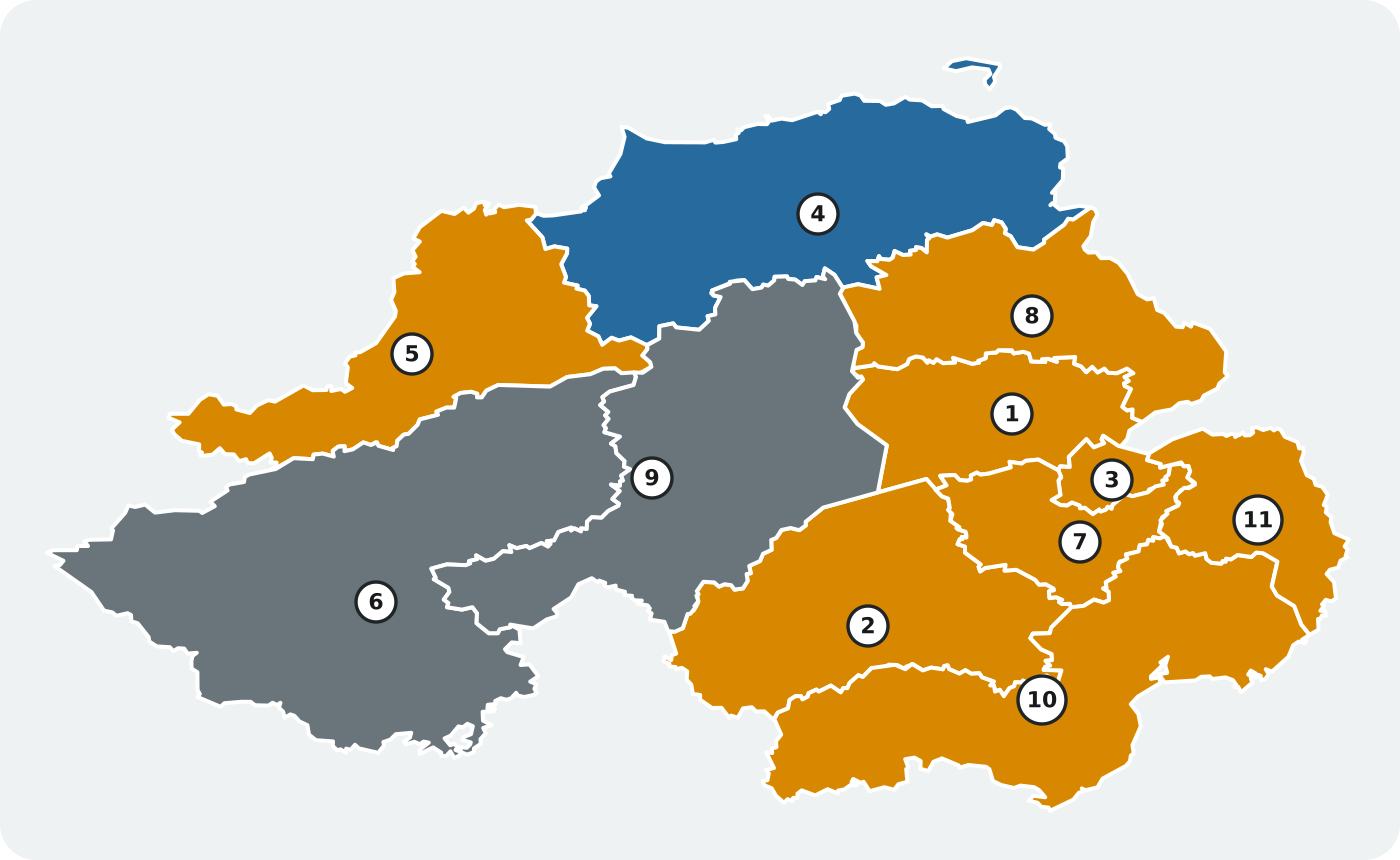 Map of Northern Ireland district councils. Eight districts are marked partial smoke control coverage, Fermanagh and Omagh and Mid Ulster are marked none, and Causeway Coast and Glens is marked check with council.