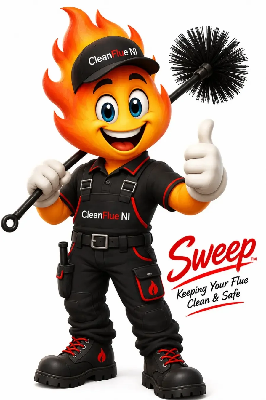 Sweep, the CleanFlue NI flame mascot, holding a chimney brush