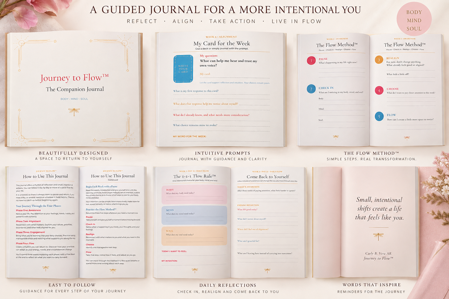 Journey to Flow Companion Journal preview showing weekly prompts, the five-step Flow Method, daily body mind and soul check-ins, and reflections