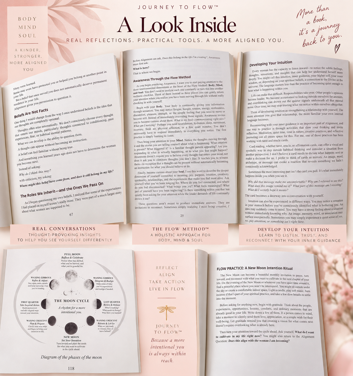 Journey to Flow interior preview featuring beliefs, the Flow Method, intuition, the moon cycle, and an intention ritual