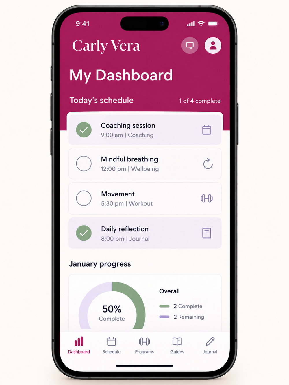 Illustrative Carly Vera client app dashboard in fuchsia, lilac, and sage, based on the client app example