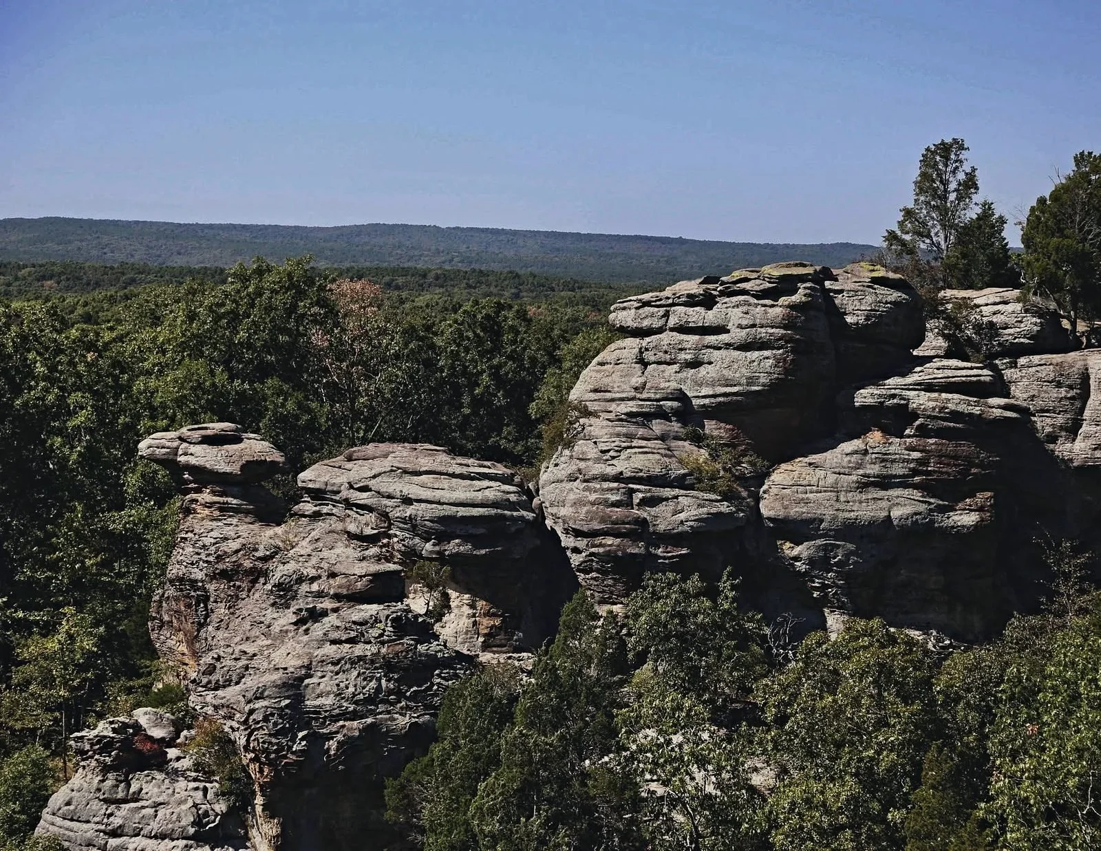 Weathered sandstone rock formations at Garden of the Gods in Southern Illinois, rising above a forest canopy, with a wooded ridgeline in the distance