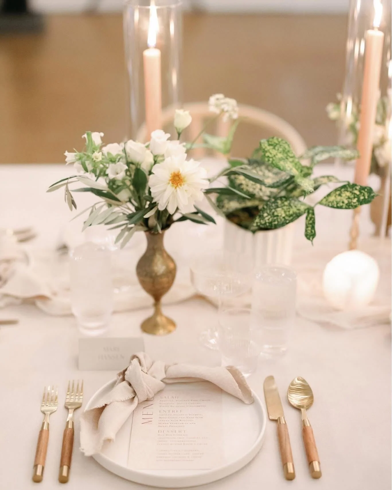 Intimate floral table setting with candlelight