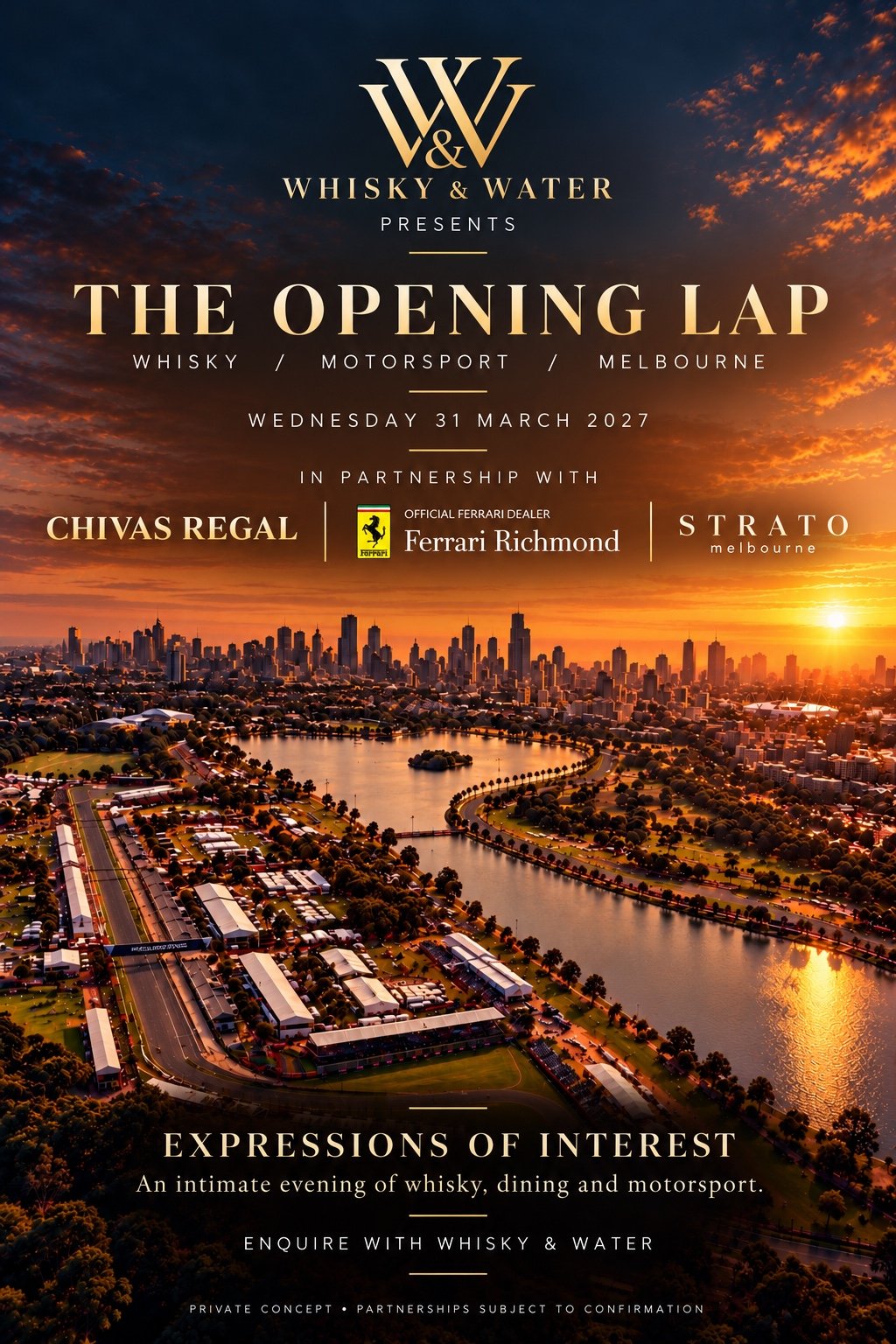 Albert Park circuit and lake in Melbourne at sunset.