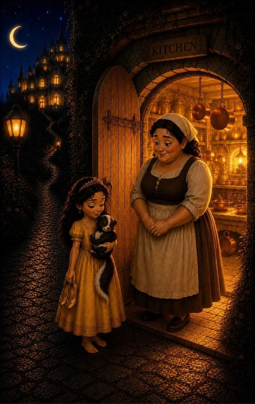 Princess Pea introduces Stinky to Cook in a warmly glowing castle kitchen.