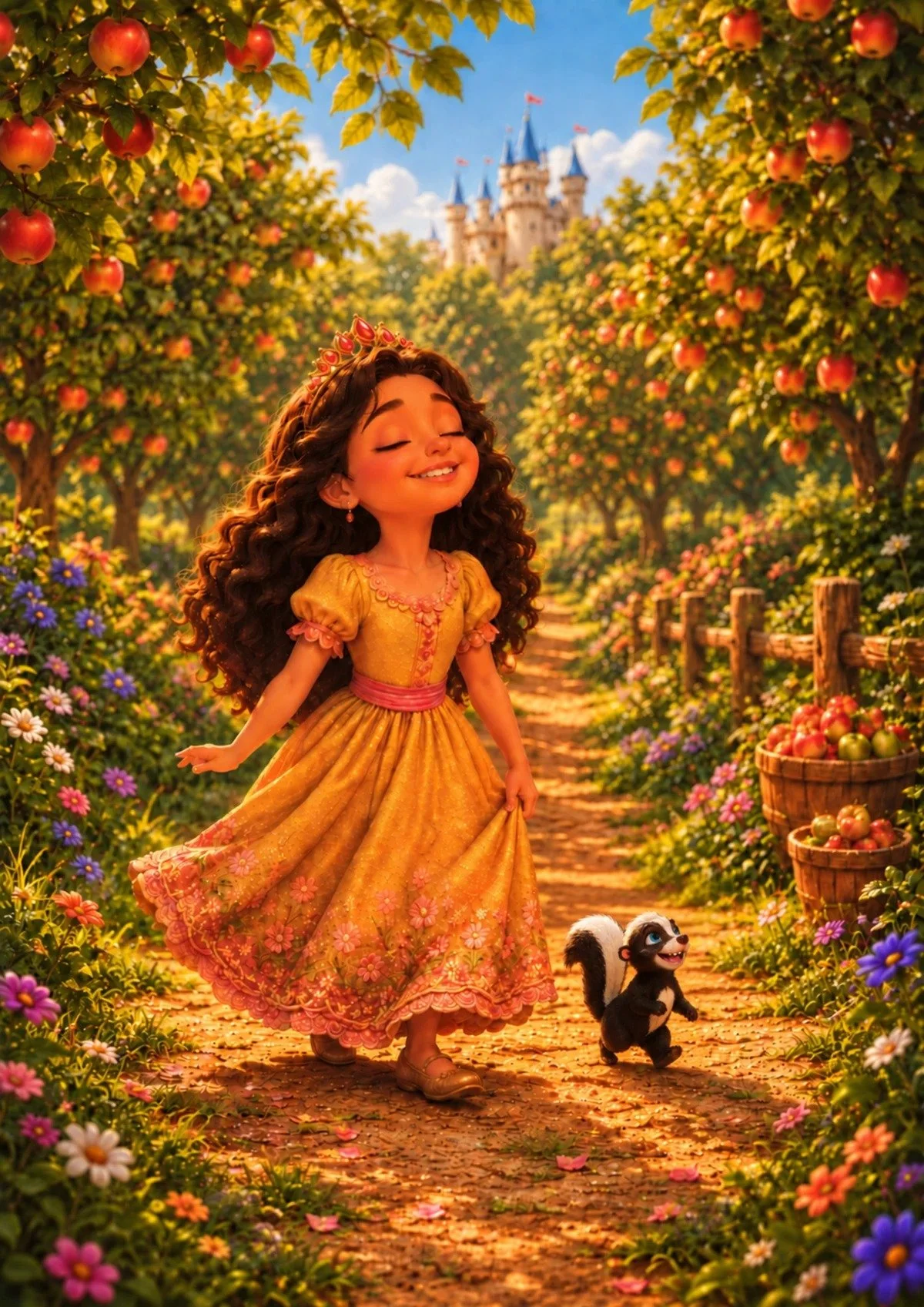 Princess Pea and tiny Stinky stroll through a sunlit apple orchard toward the castle.