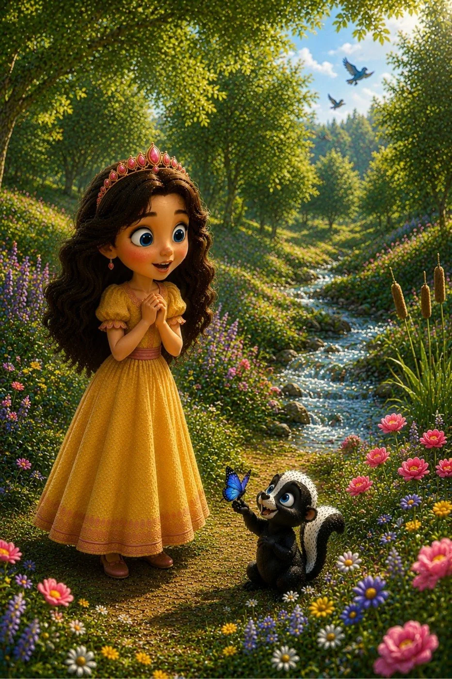 Princess Pea watches Stinky greet a butterfly beside a woodland stream.