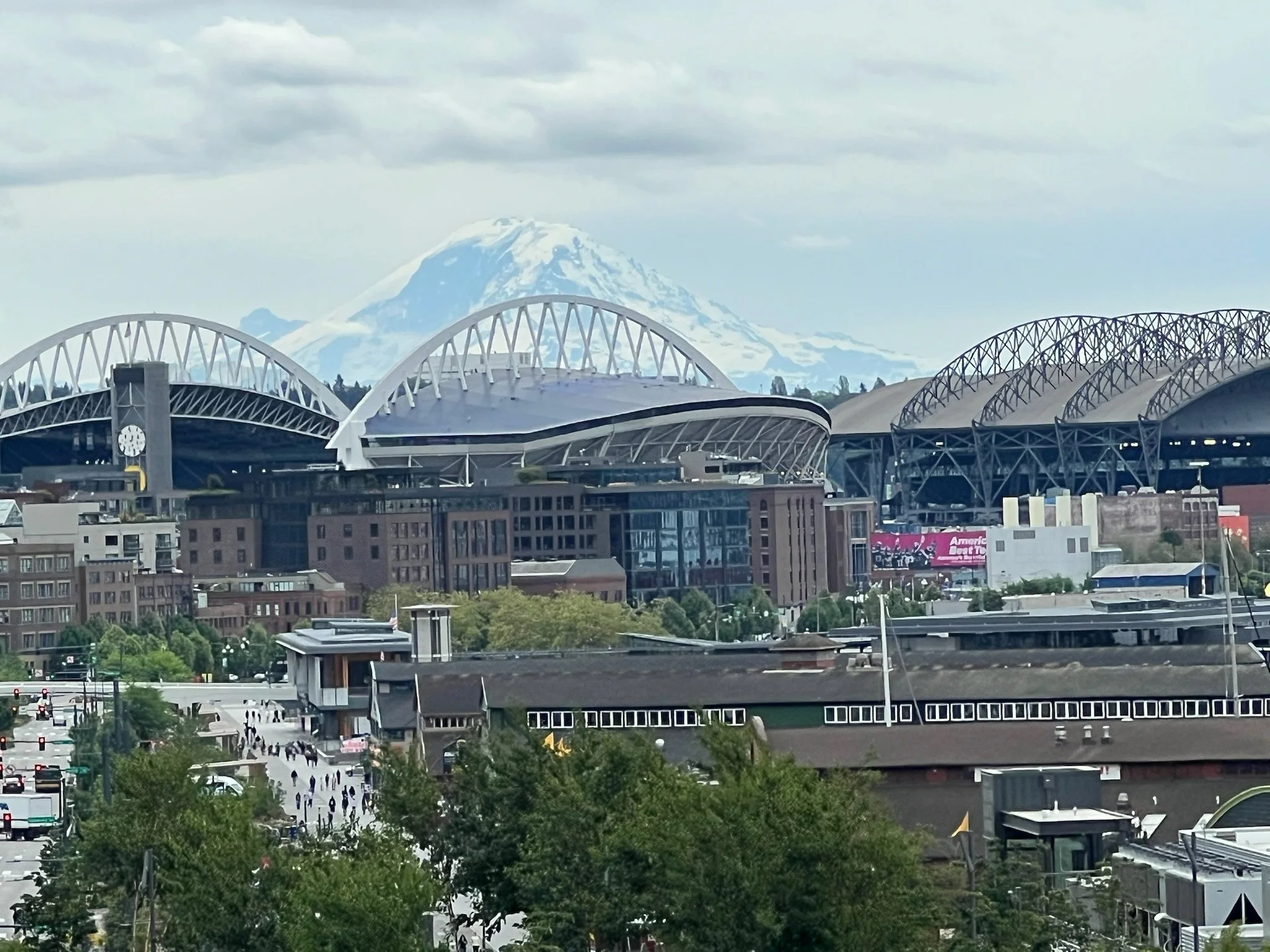 Mount Rainier beyond Seattle’s stadiums