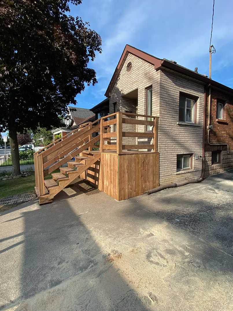Cedar front deck and stairs, front view