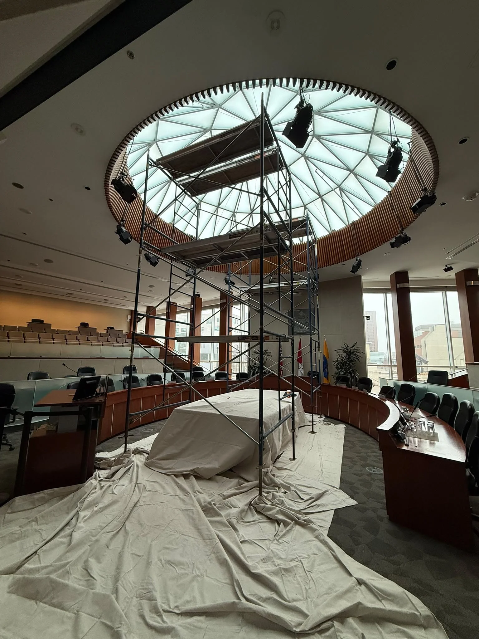Scaffolding set up beneath the domed skylight at Hamilton City Hall