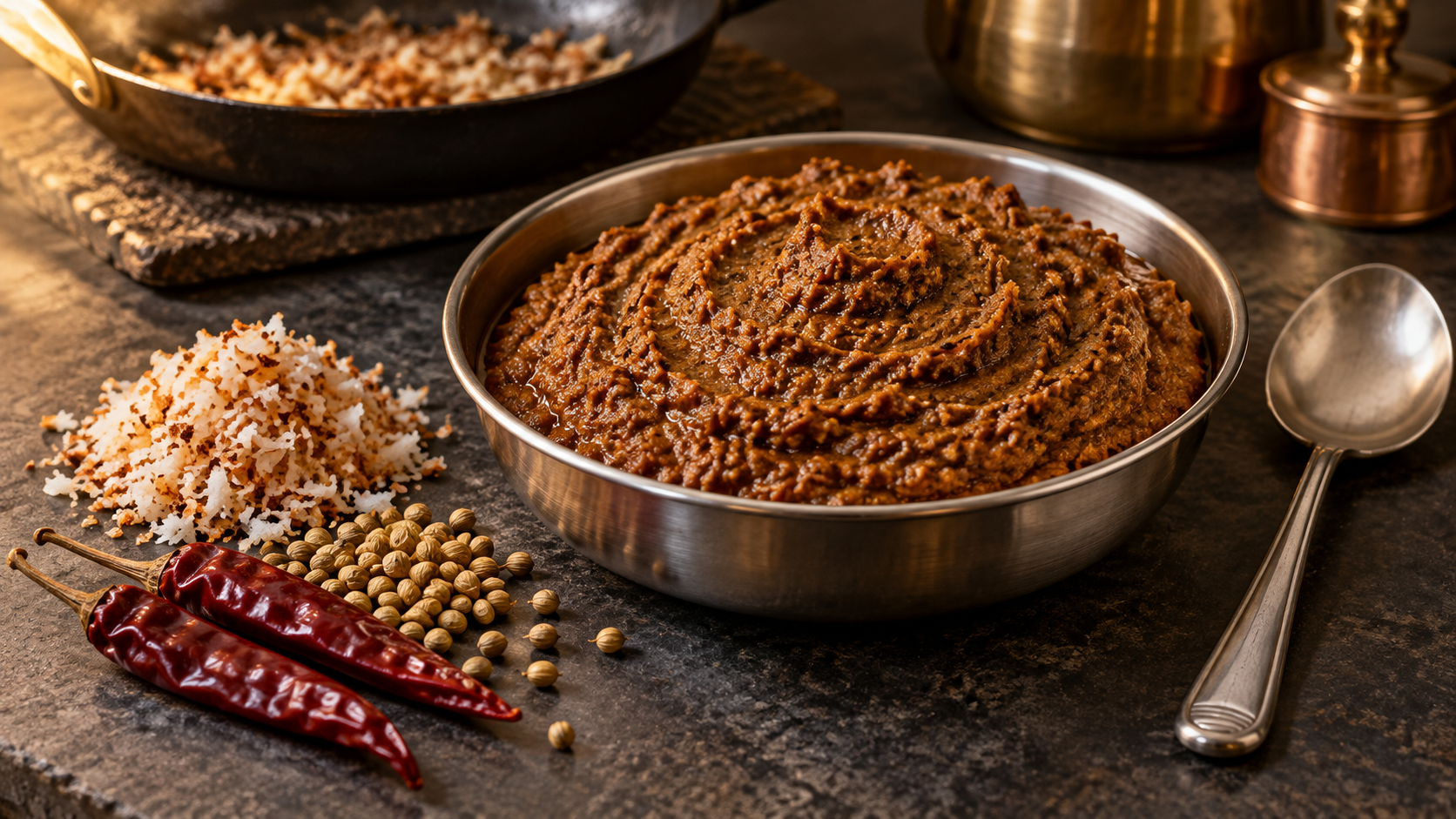 Brown roasted-coconut masala paste in a shallow steel bowl beside toasted grated coconut, coriander seeds, dried chillies and a steel spoon.