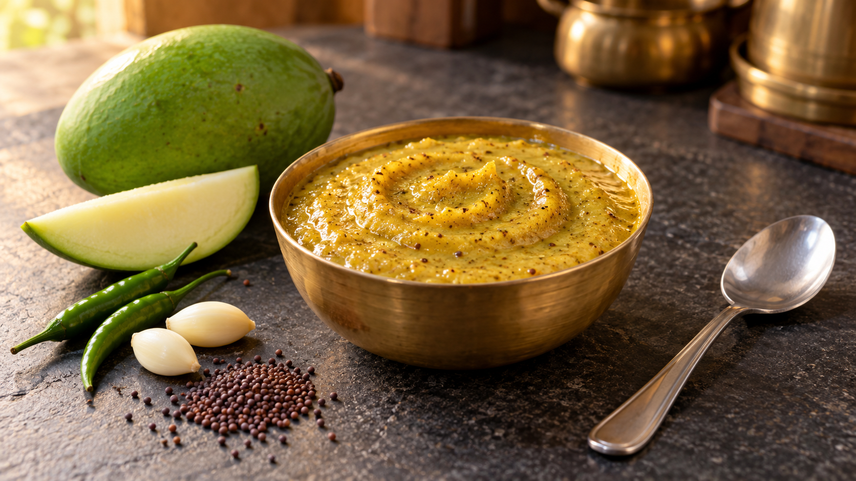 Yellow-ochre mango-mustard sauce in a brass bowl beside a raw green mango, pale mango wedge, brown mustard seeds, green chillies, garlic and a steel spoon.