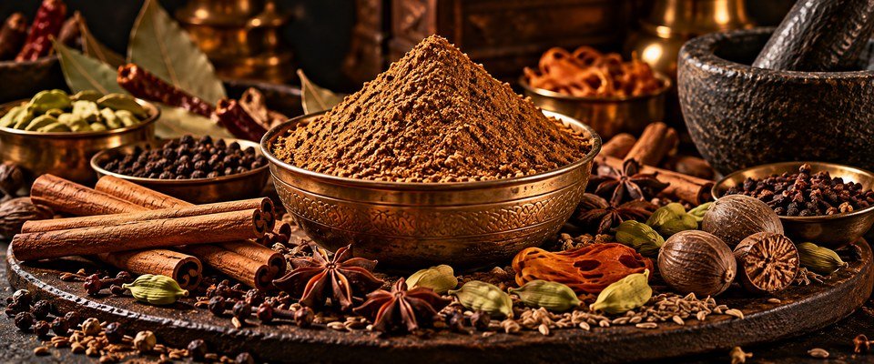Brown ground spice blend in a brass-coloured bowl, surrounded by cinnamon bark, cardamom pods and other whole spices.