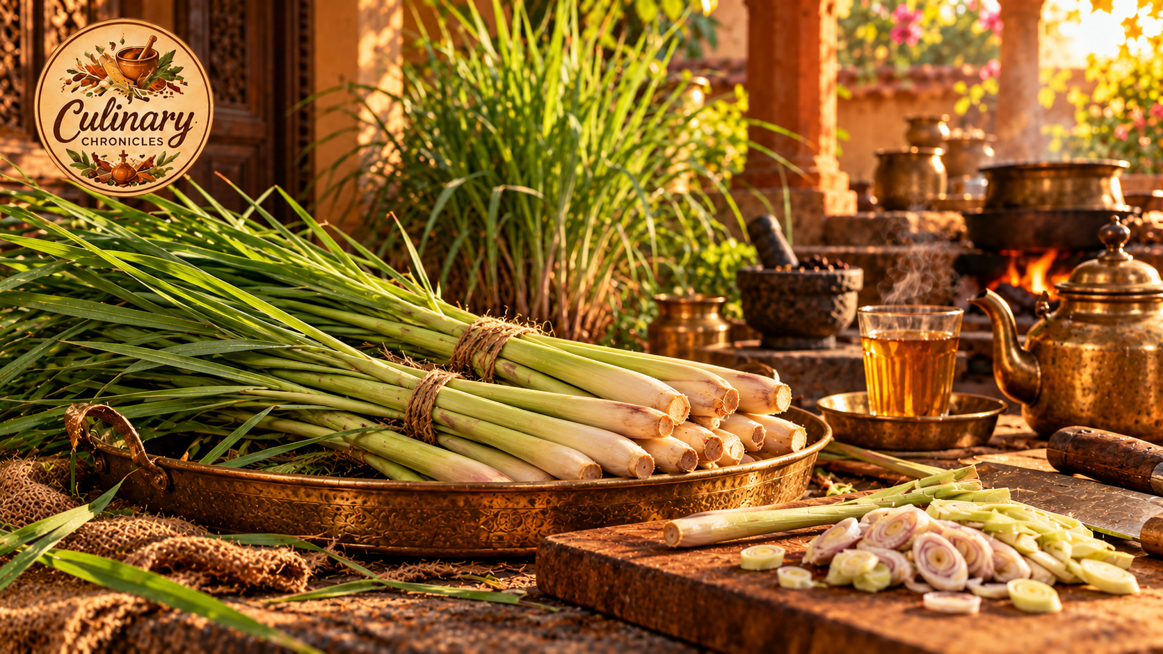 Fresh lemongrass stalks with pale layered bases and narrow green blades, sliced bases and a glass of tea in a warm Indian kitchen setting.