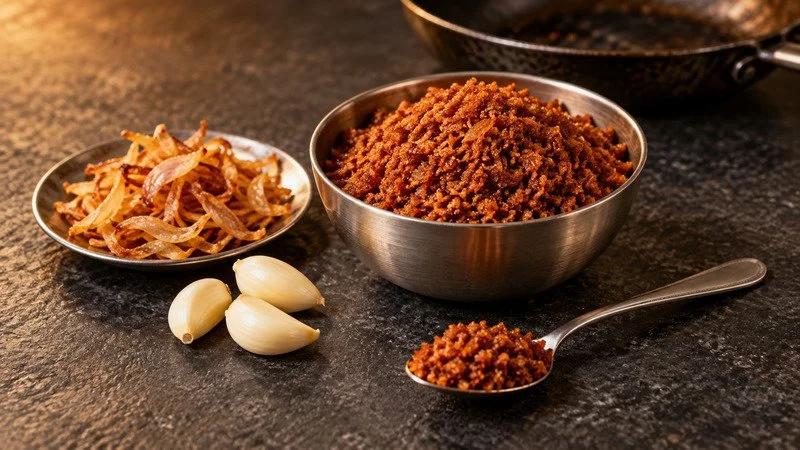 Rust-red textured Kanda-Lasun seasoning in a steel bowl and spoon beside fried onion strands and garlic cloves.