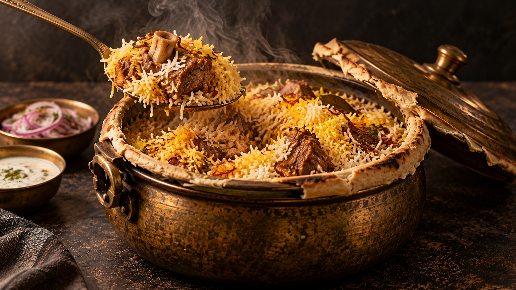 Biryani in an opened dough-sealed handi, with separate rice grains and cooked bone-in meat