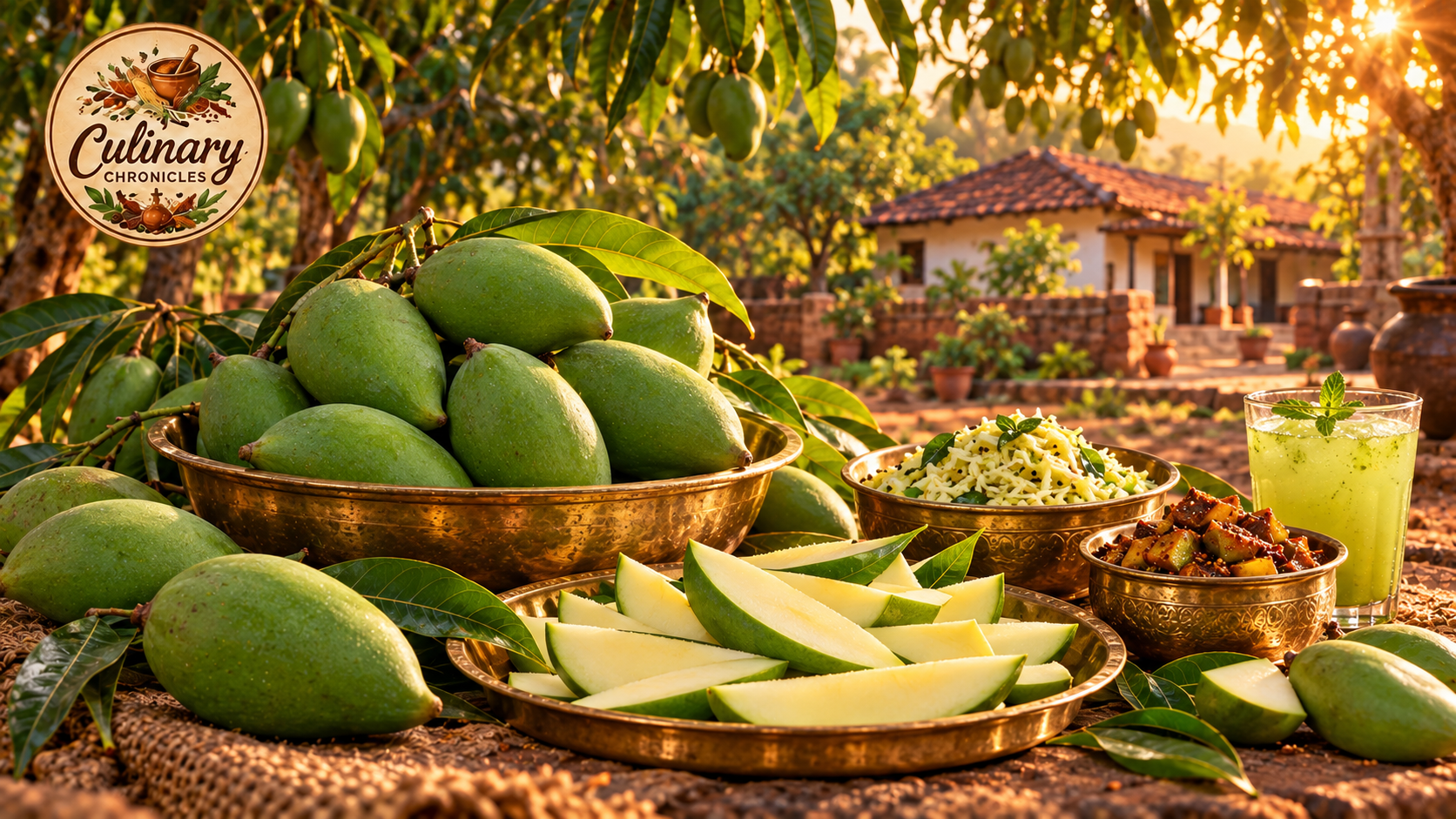 Unripe green mangoes and pale firm wedges in an orchard, with mango rice, pickle and aam panna.