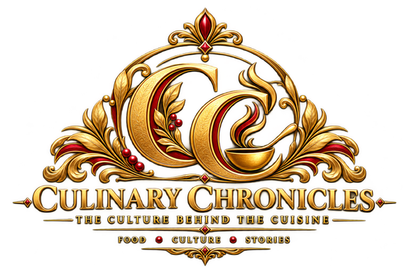 Culinary Chronicles gold CC crest with culinary flame. The Culture Behind the Cuisine. Food, Culture, Stories.