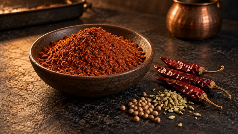 Russet-red dry Malvani masala in a ceramic bowl beside dried red chillies, coriander and fennel seeds.
