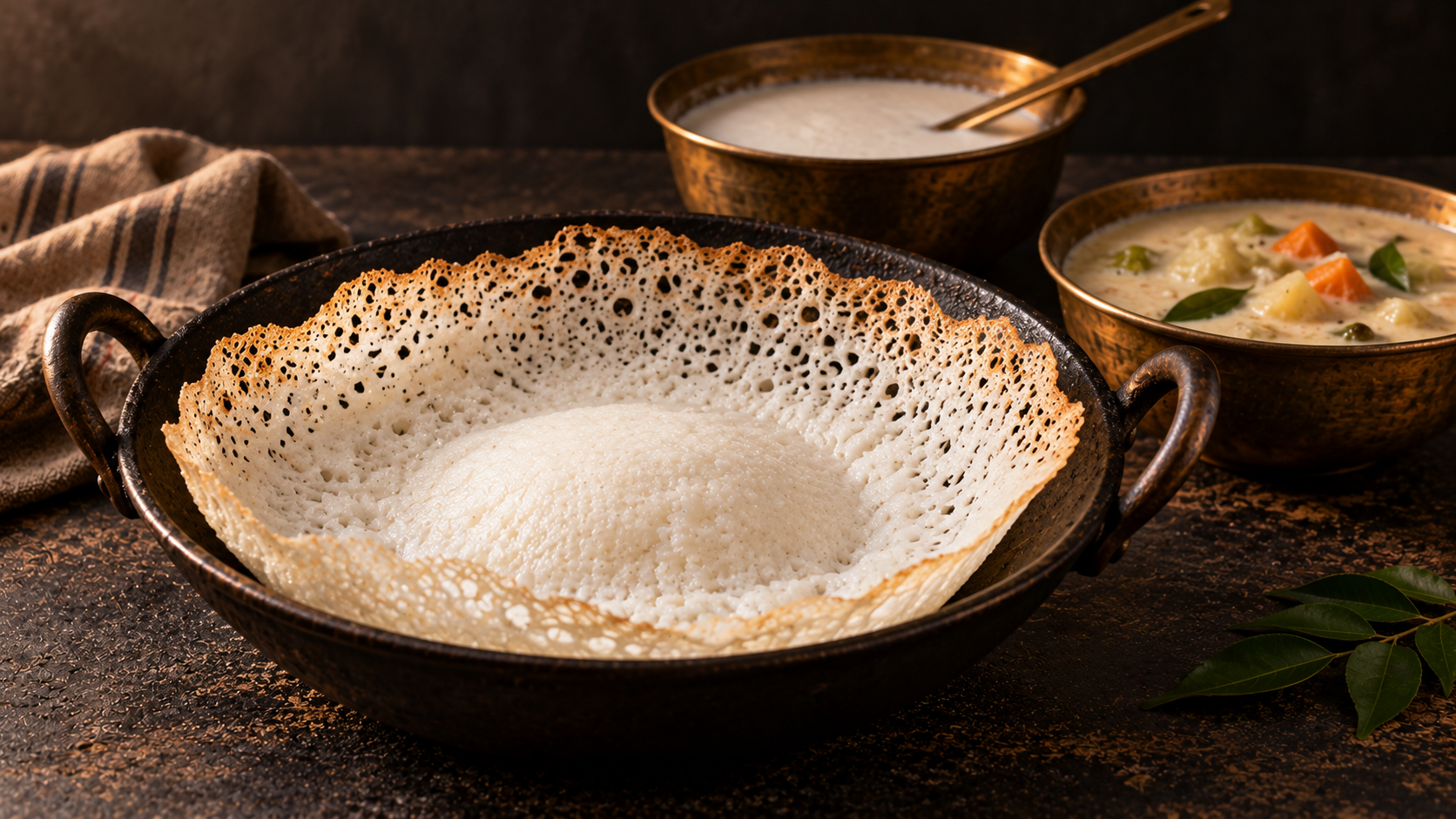 Lace-edged appam with a soft white centre in an appachatti, with batter and vegetable stew