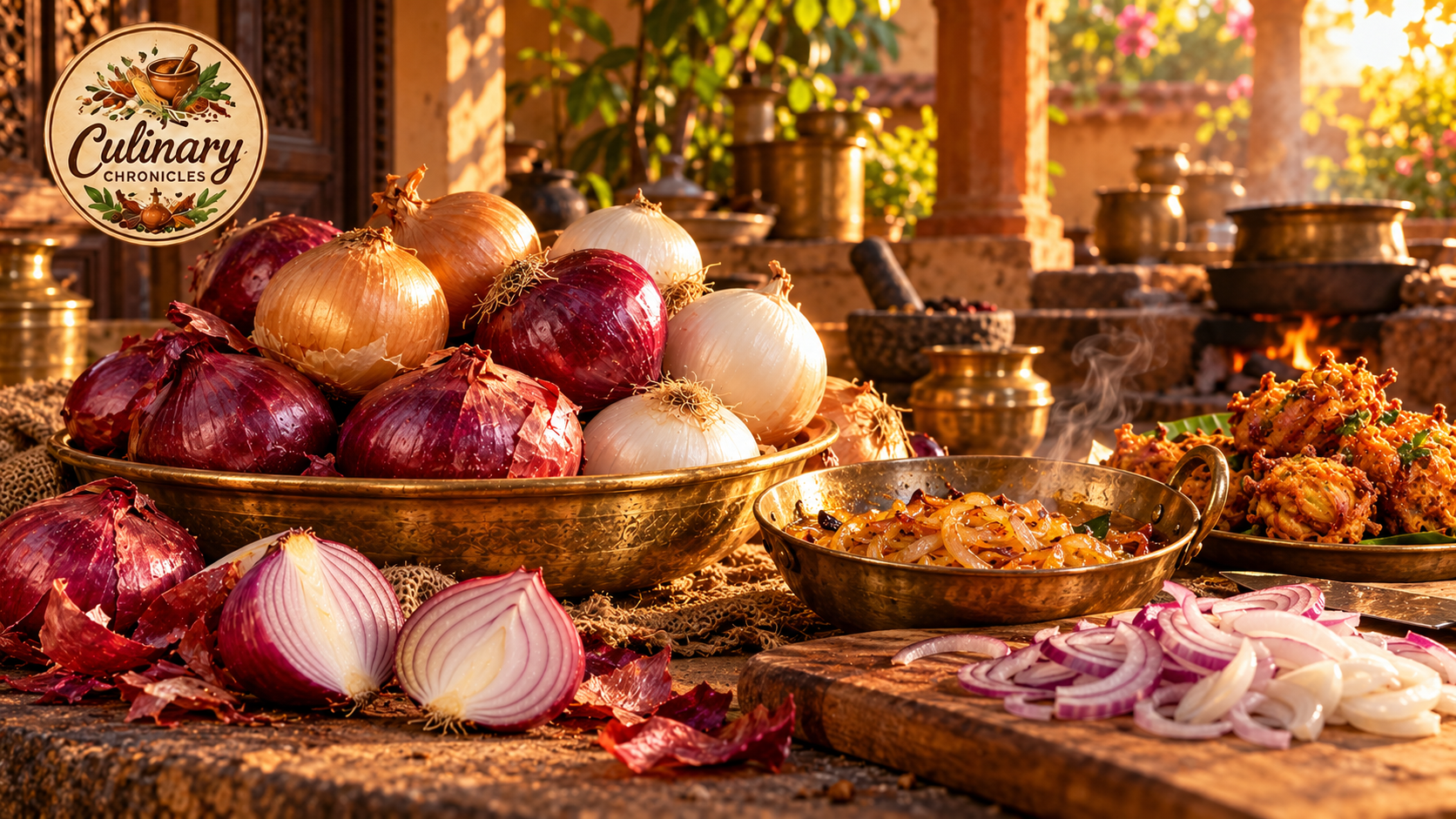 Red, white and yellow bulb onions, cut layers and slices, with golden-brown cooked onions and onion bhaji in a warm Indian kitchen.