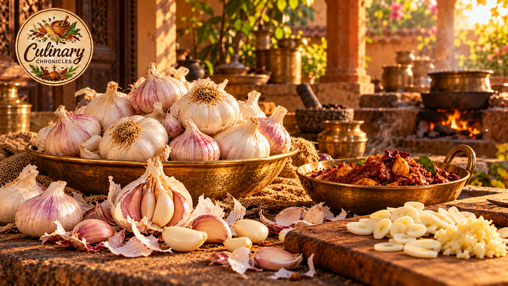 Garlic bulbs in white and pink papery skins, peeled cloves and sliced garlic beside a red chutney in a warmly lit Indian kitchen.