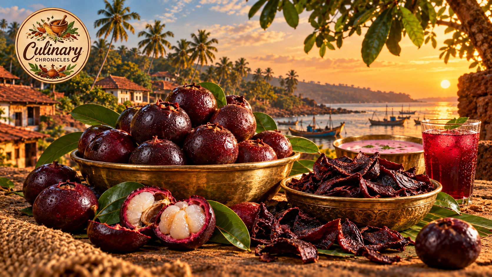 Ripe purple-red kokum fruits and dried rind in brass bowls, with solkadhi and a Konkan coastal setting.