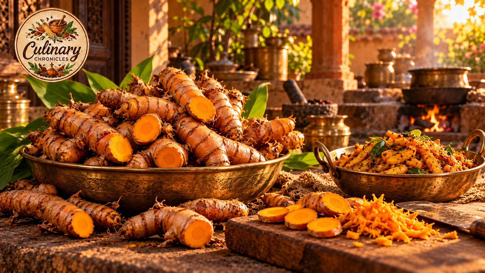 Fresh turmeric rhizomes with textured skins and vivid orange cut flesh, slices and grated turmeric in a warmly lit Indian kitchen.
