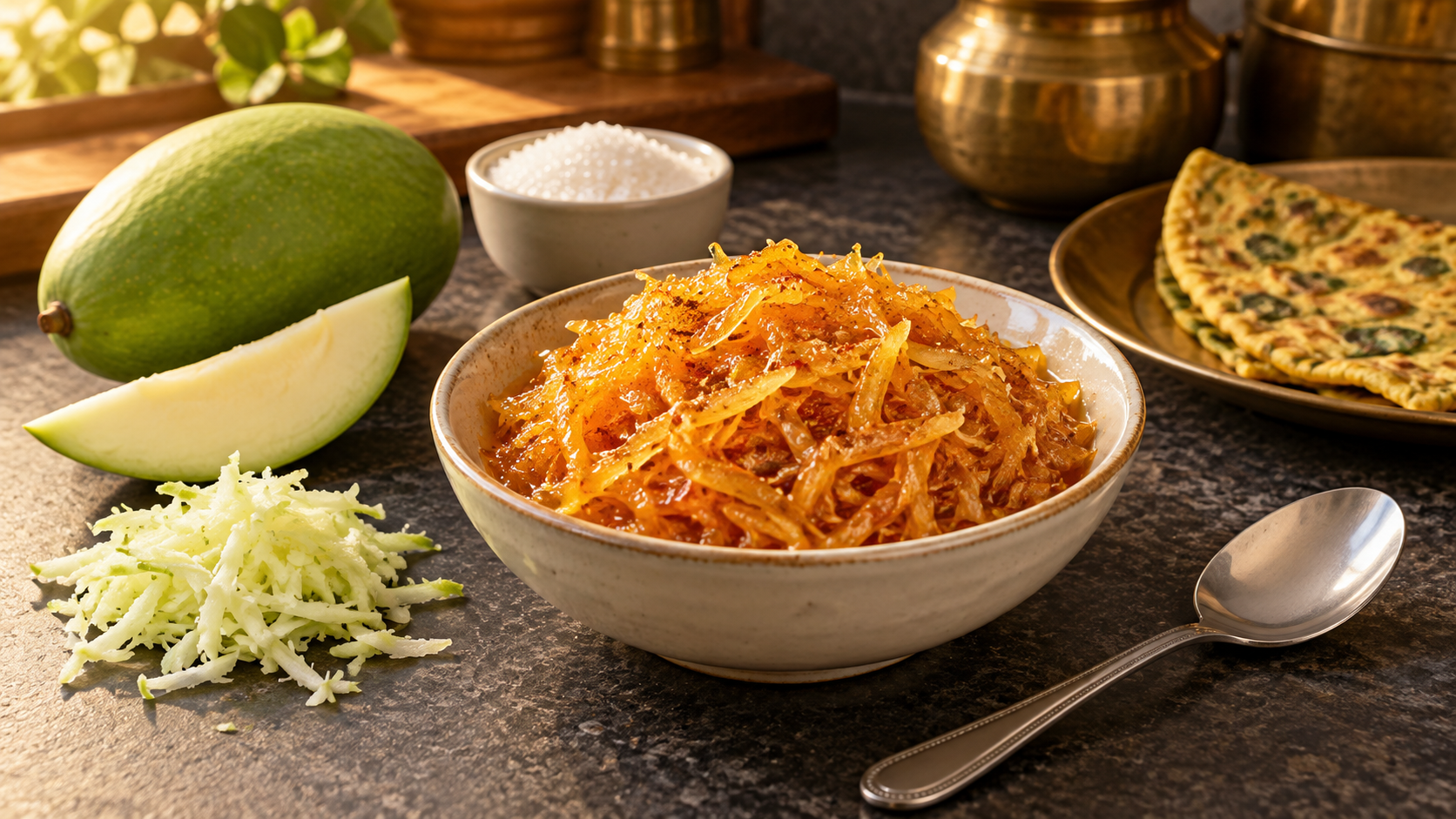 Glossy golden grated-mango chhundo in a ceramic bowl beside a green mango, pale wedge, fresh mango shreds, sugar and a steel spoon, with thepla behind.