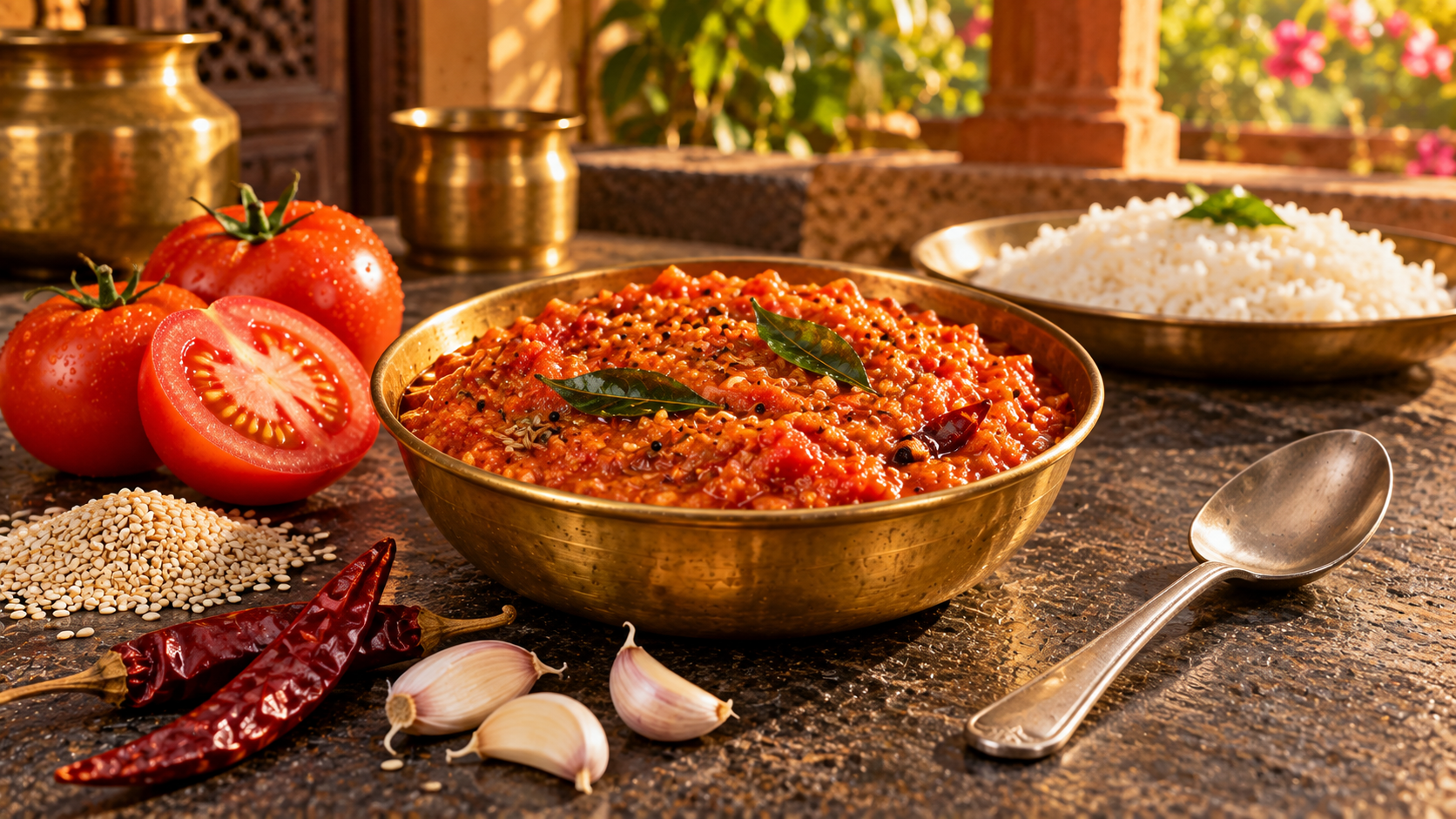 Red-orange tomato pachadi in a brass bowl with curry-leaf and mustard tempering, beside tomatoes, sesame, dried chillies, garlic and a steel spoon, with rice behind.