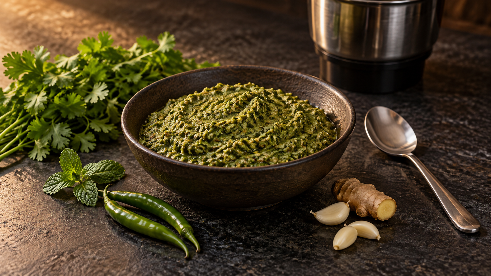 Muted green herb masala paste in a dark shallow bowl beside coriander, mint, green chillies, ginger, garlic and a steel spoon.