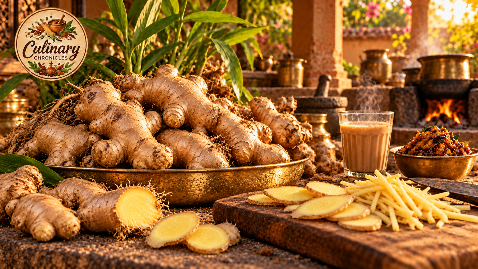 Fresh ginger rhizomes, pale-yellow cut flesh and slices beside tea and a relish in a warmly lit Indian cooking setting.