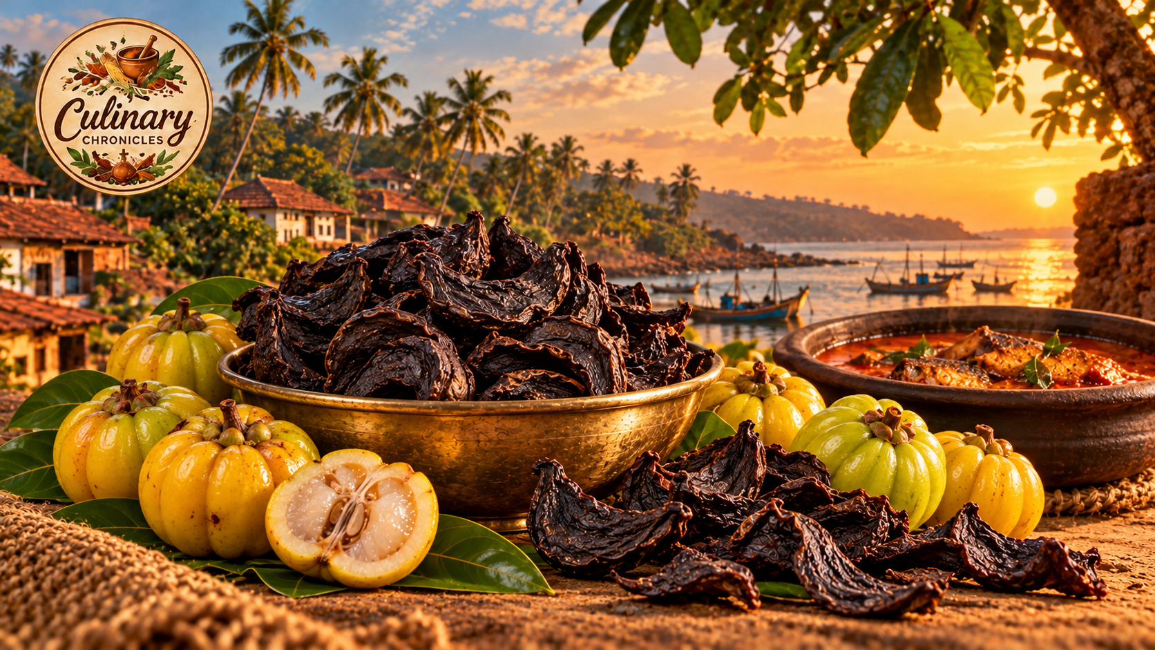 Yellow ridged kudampuli fruits and dark cured rind in brass bowls, beside a Kerala clay-pot fish curry.