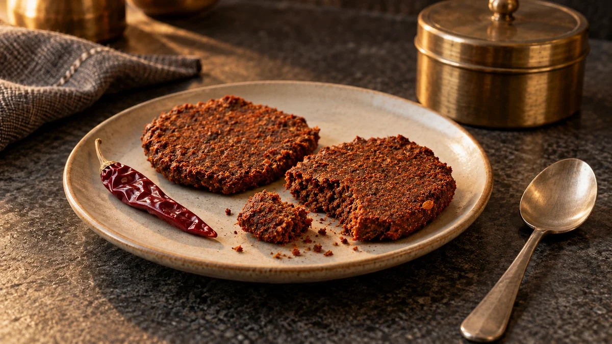 Two flattened brown-red ver spice cakes on a plate, one broken to reveal a granular interior, beside a dried chilli and steel spoon.