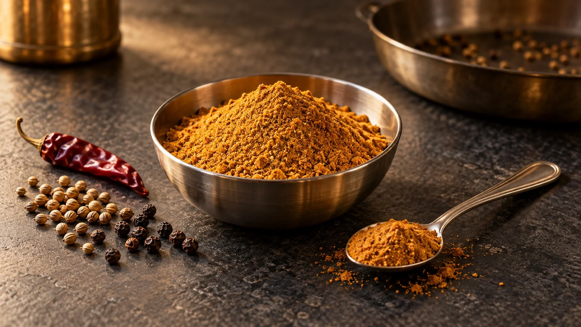 Rasam podi in a steel bowl and spoon beside coriander seeds, peppercorns and a dried red chilli.
