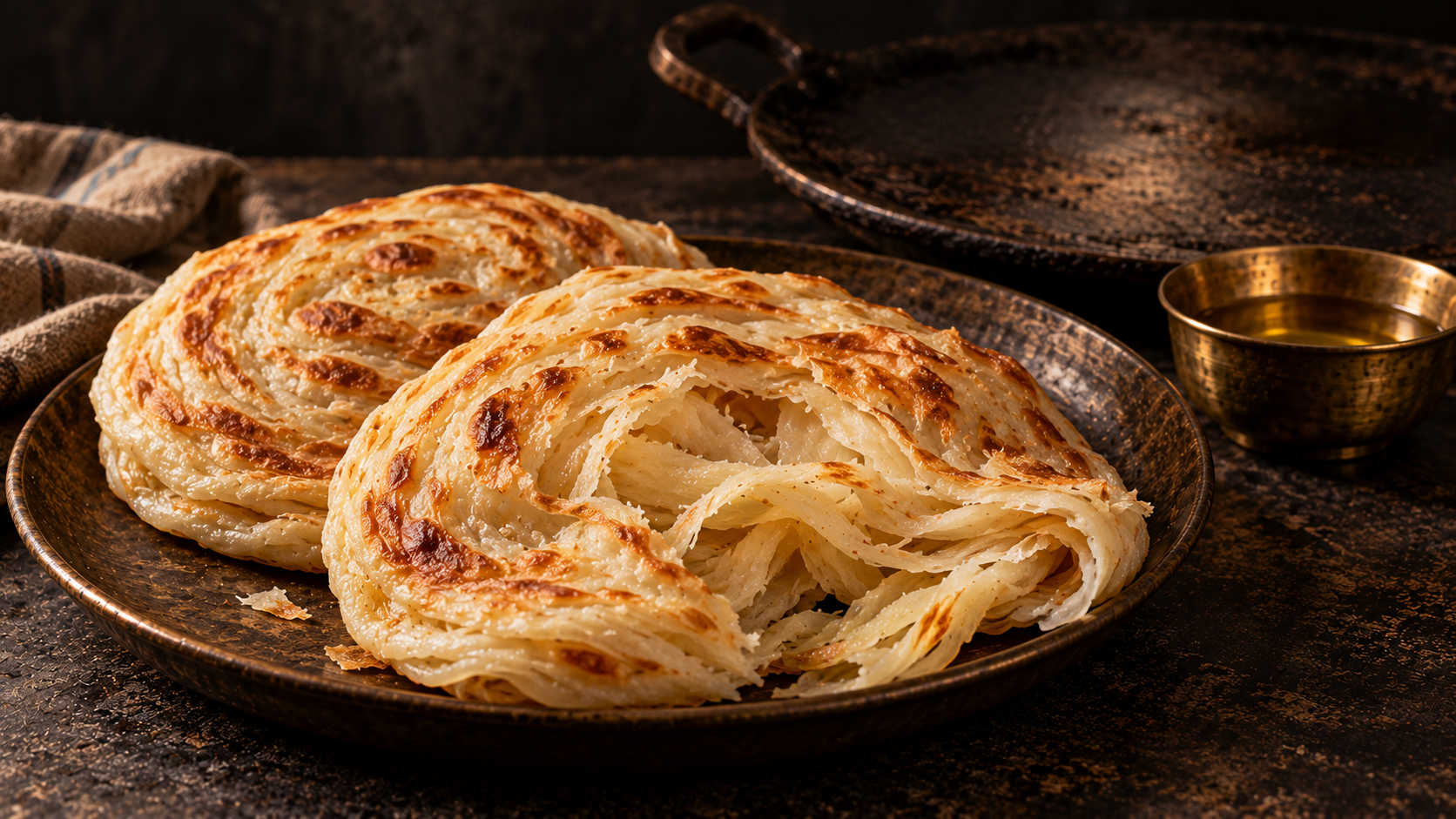Layered golden parottas, one torn open to show thin flaky strands