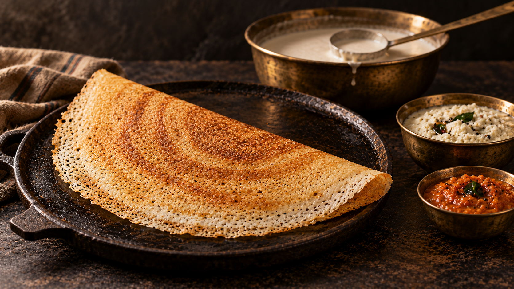 A thin golden dosa on a dark tawa, with batter and chutneys in brass bowls