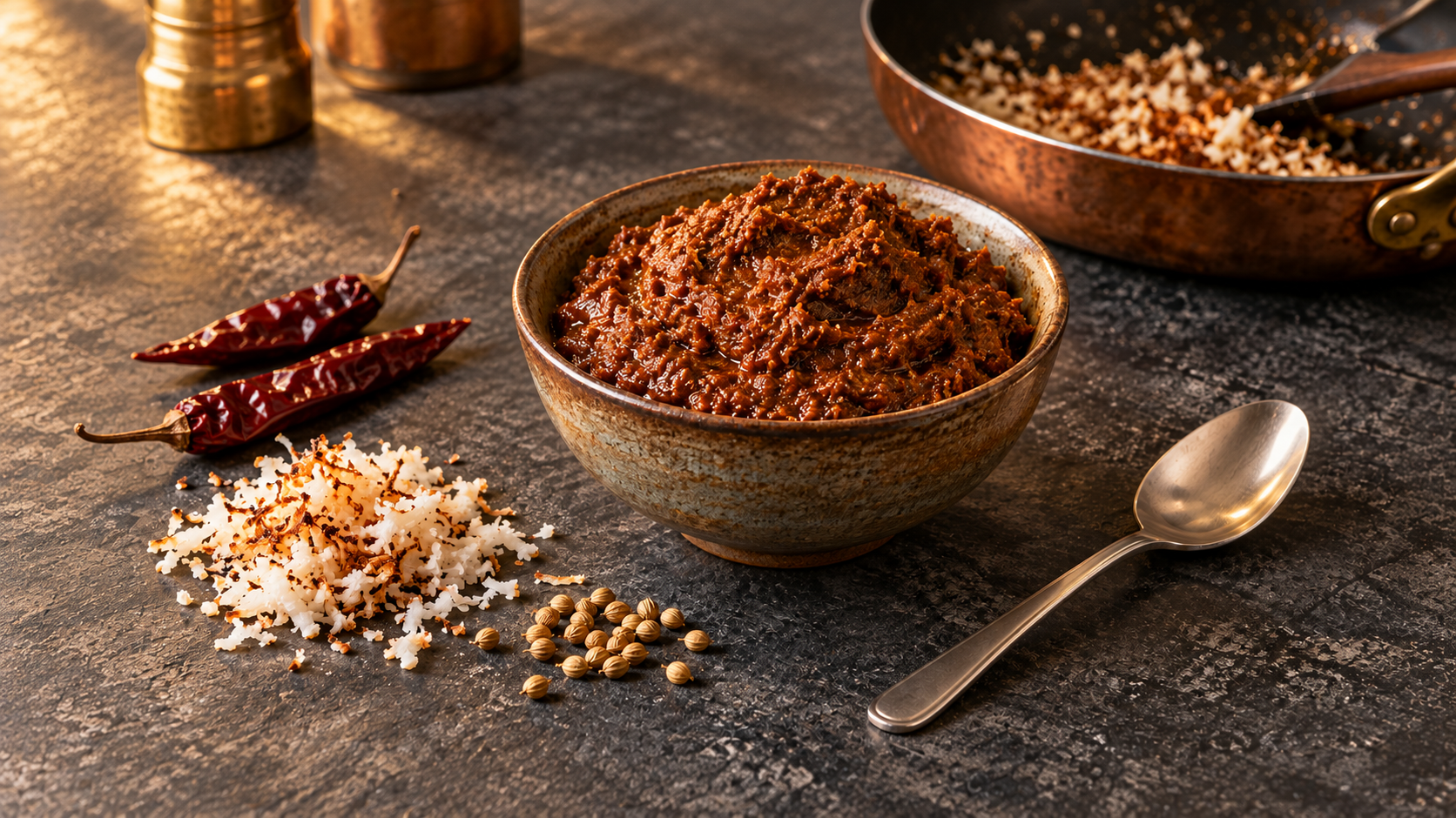 Brown roasted-coconut xacuti masala paste in a ceramic bowl beside dried red chillies, coriander seeds, grated coconut and a steel spoon.