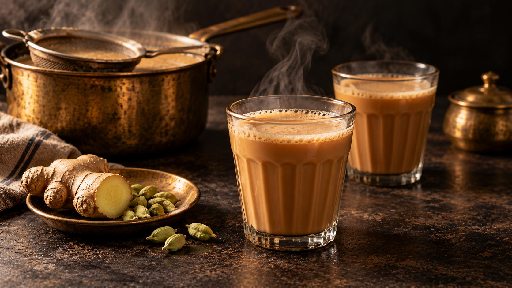Milk tea in two faceted glasses, with ginger, cardamom, saucepan and strainer