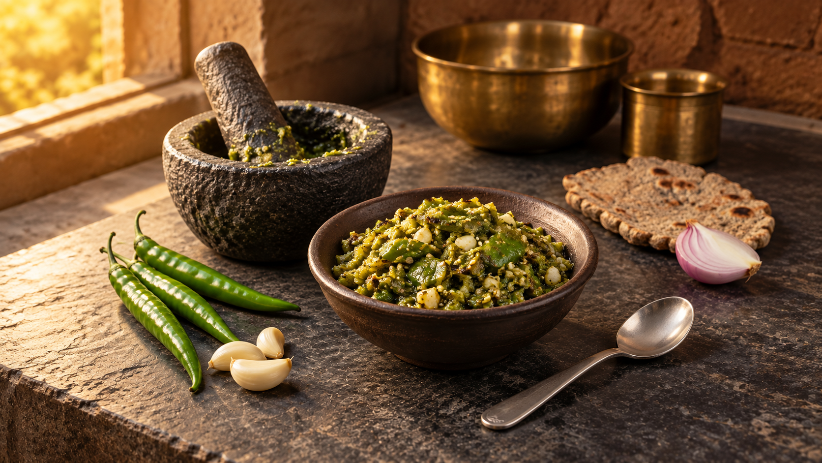 Coarsely pounded green-chilli and garlic thecha in an earthenware bowl beside chillies, garlic, a stone mortar and pestle, bhakri, onion and a steel spoon.