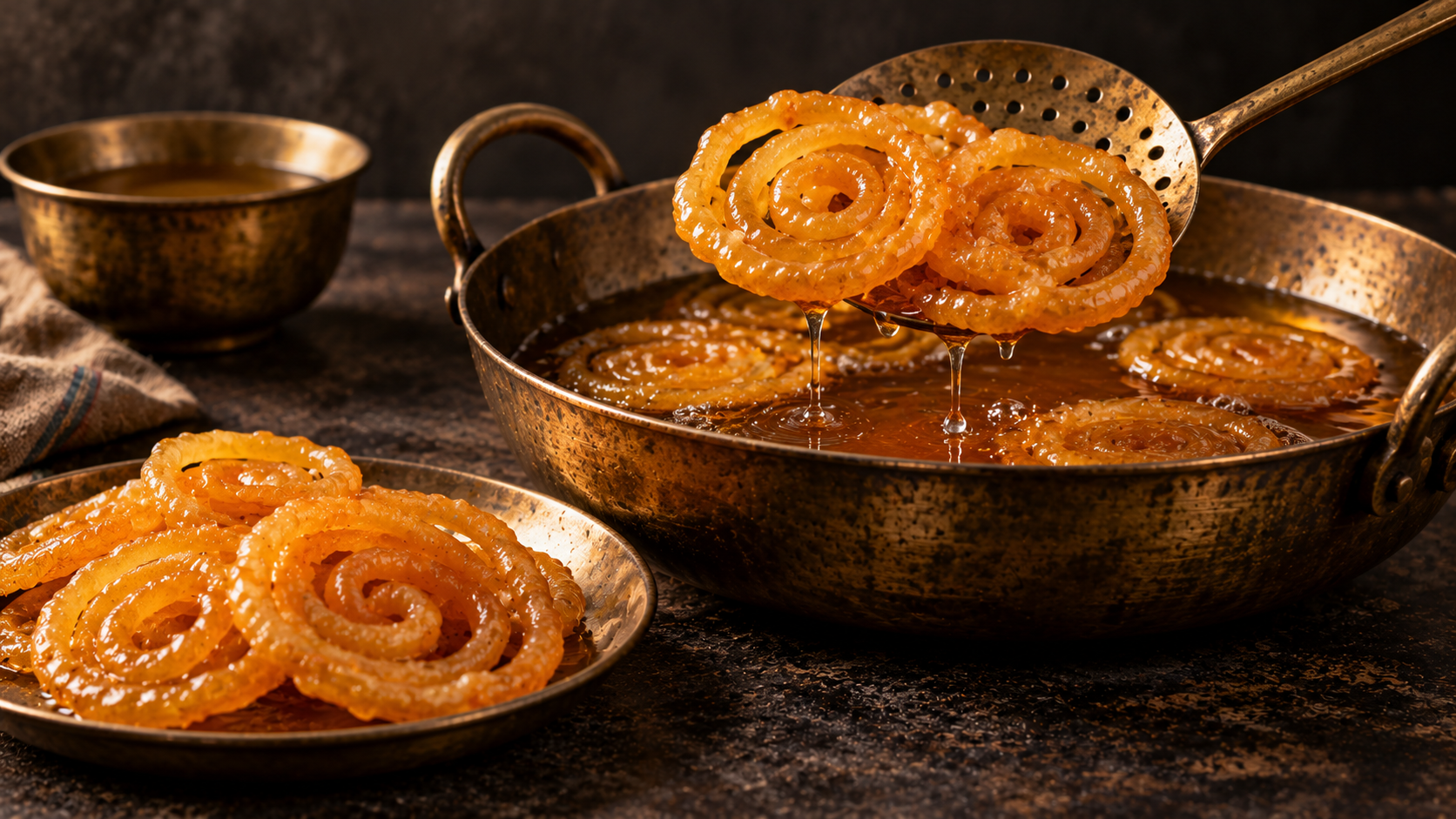 Golden jalebi spirals lifted from syrup on a perforated skimmer