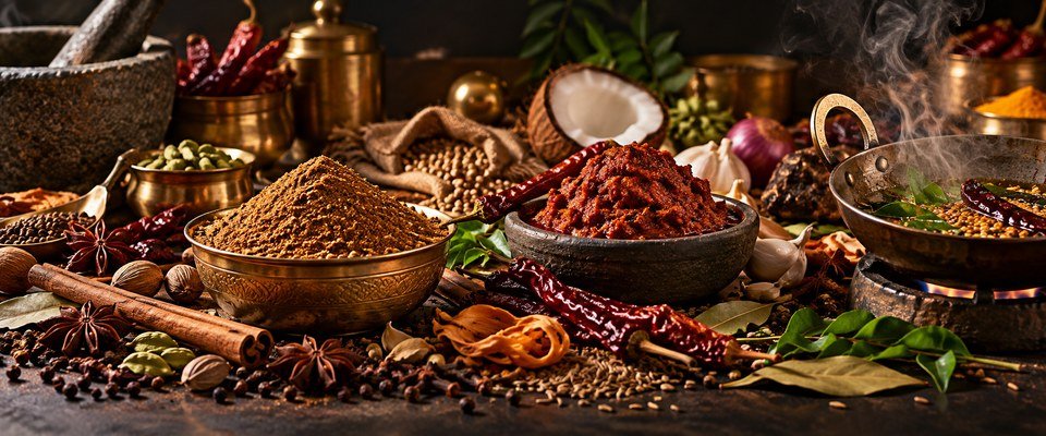 A wide tabletop scene with brown ground masala, red paste, whole spices, a mortar and a steaming tempering pan.