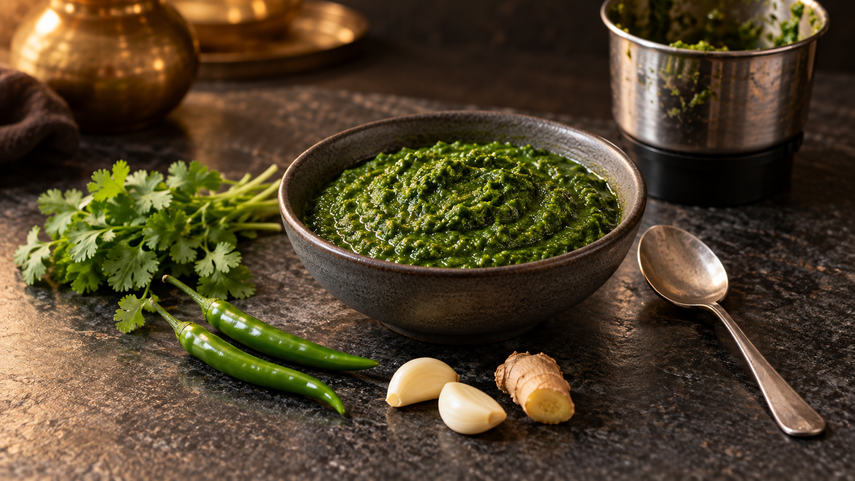 Deep-green cafreal masala in a ceramic bowl beside coriander leaves, green chillies, garlic, ginger and a steel spoon, with a grinder jar behind.