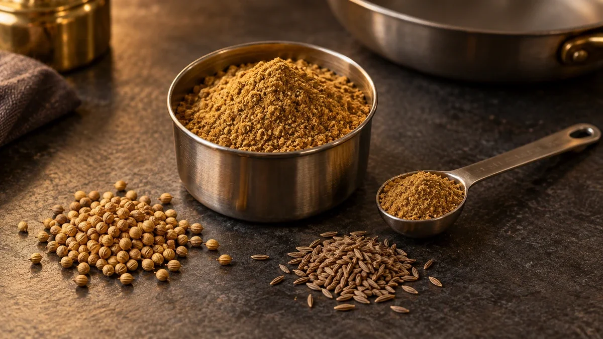 Tan-brown dhana-jeeru powder in a steel cup beside separate coriander and cumin seeds and a measuring spoon.