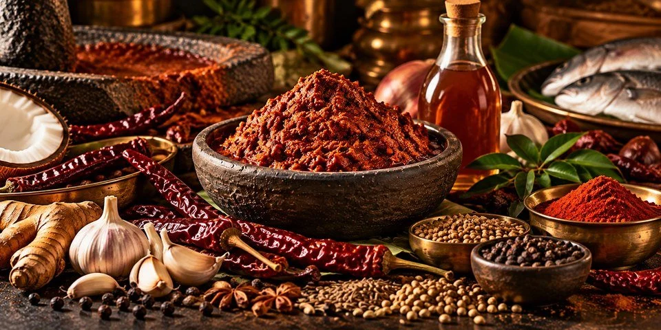 Red masala paste in a stone bowl beside dried chillies, garlic, spices, a glass bottle and fish.